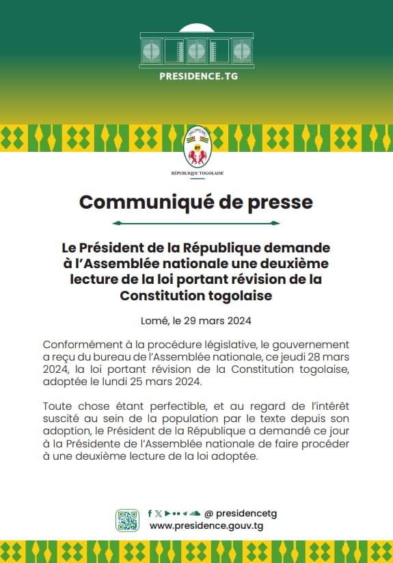 Faure Gnassingbé demande une deuxième lecture de la nouvelle constitution au Togo.