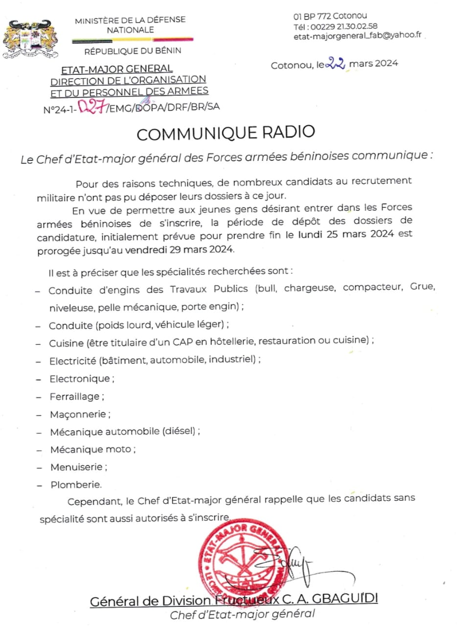 Recrutement militaire/ Dépôt des dossiers: Prorogation du délai jusqu'au 29 mars.